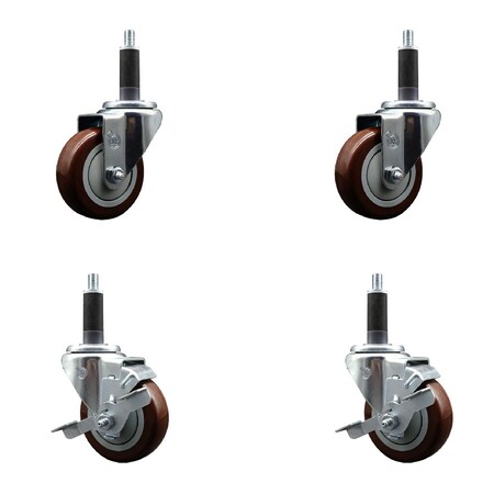 Service Caster 3.5'' SS Maroon Poly Wheel Swivel 1'' Expanding Stem Caster Set 2 Brakes, 4PK SCC-SSEX20S3514-PPUB-MRN-2-TLB-2-1